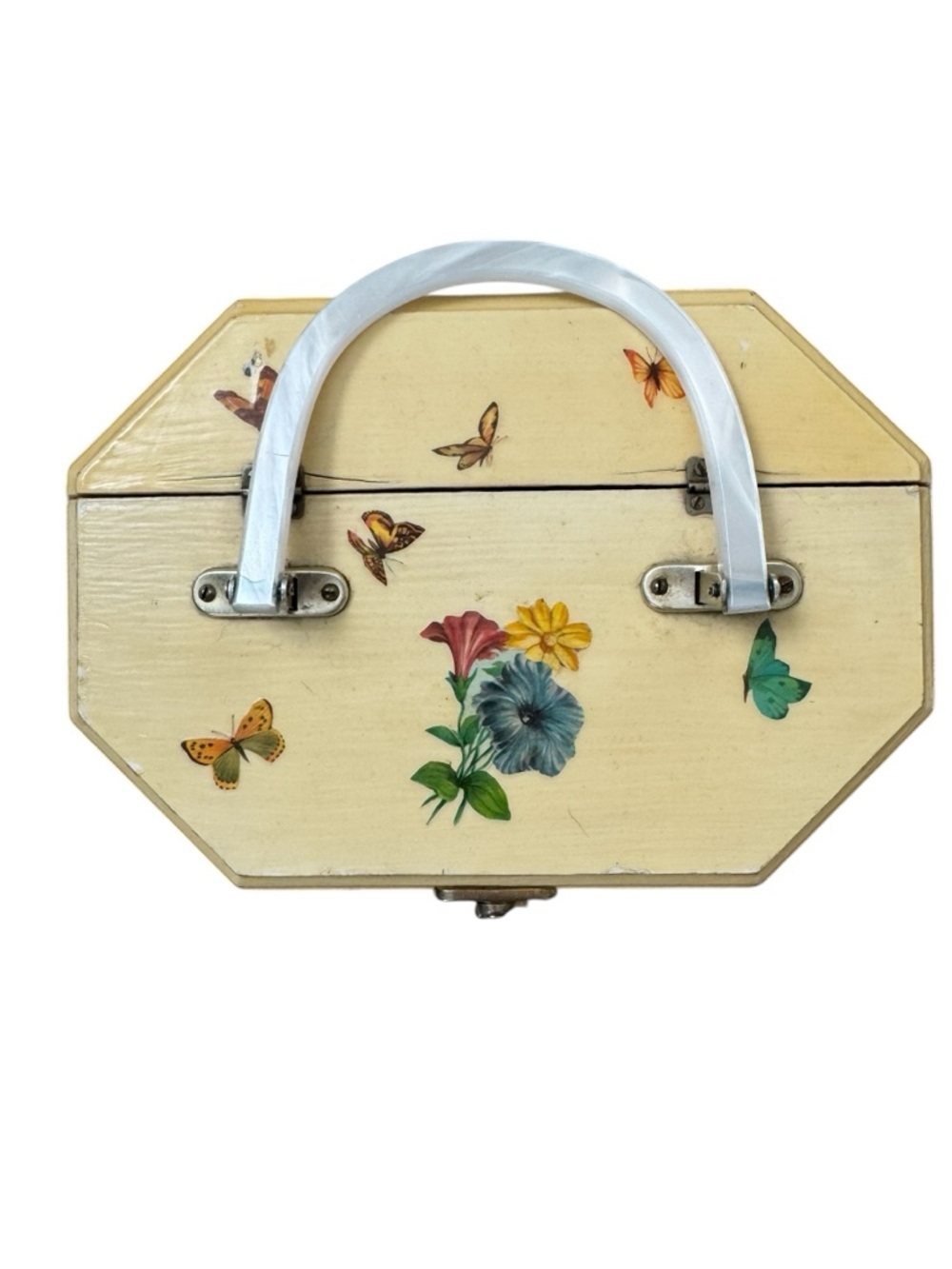 Vintage CottageCore Floral Decoupage Box- Purse with Lucite Handle - Picture 3 of 5